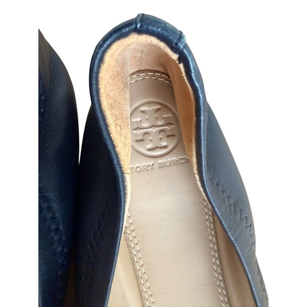 Tory Burch Liana Navy Napa Leather Ballet Flats Rhinestone Medallion Logo Sz 9 - Picture 11 of 12